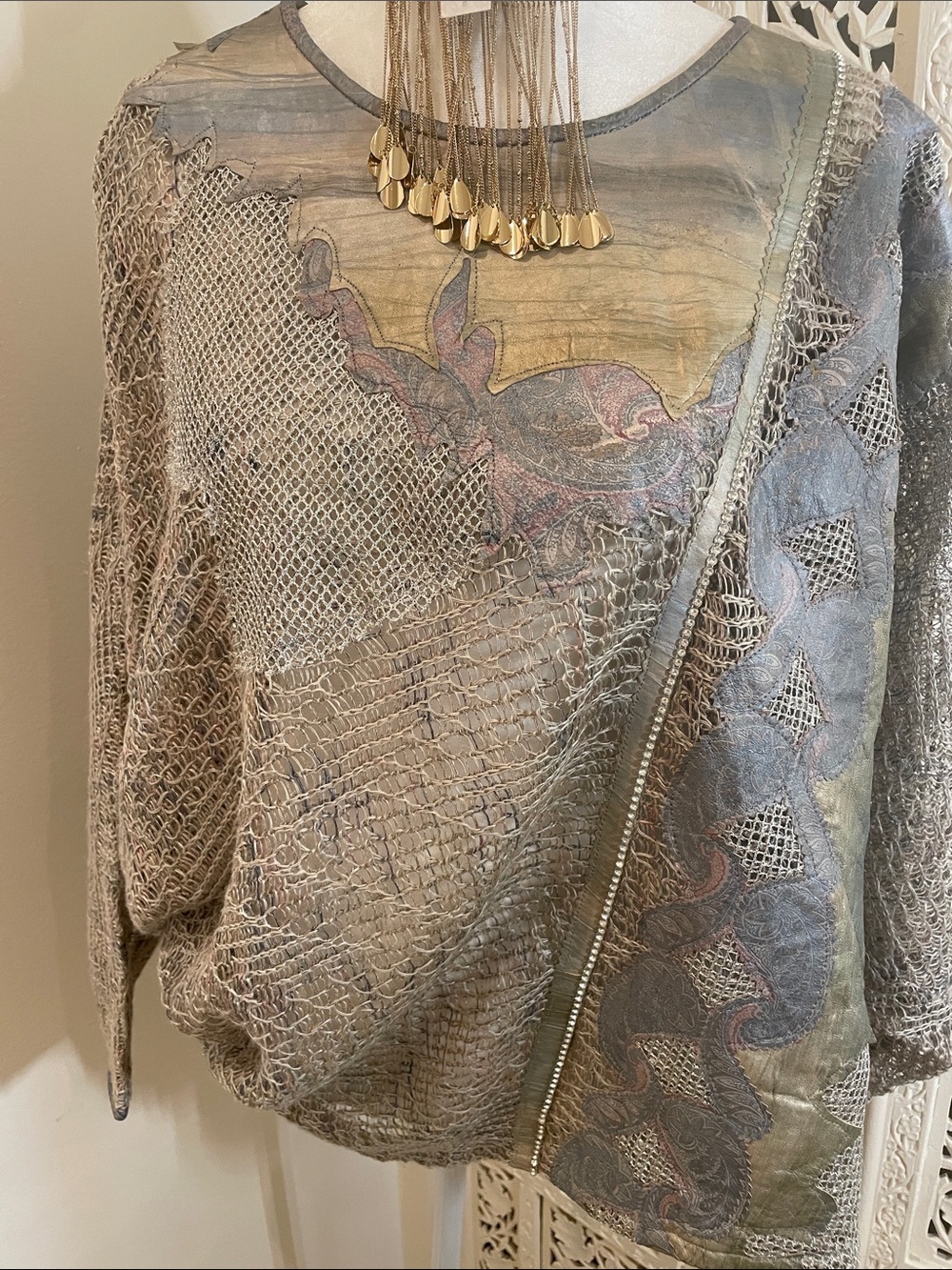 Roberto Cavalli grey Taupe, shimmerOpen-Knit Scoop Neck Sweater with Pastel Trim